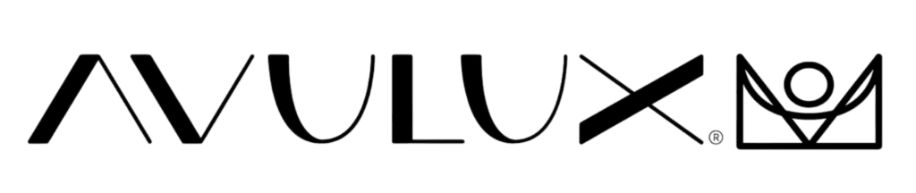 Black and white logo spelling "AVULUX" in stylized capital letters, with the final letter featuring a geometric design inspired by Neurolens, incorporating a circle and angular shapes.